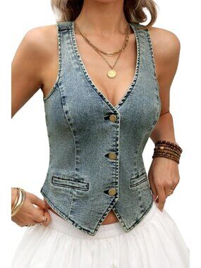 Women's Vintage Denim V Neck Cropped Denim Vest Jean With Faux Pockets